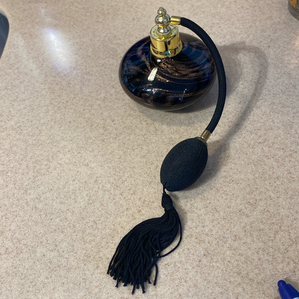 Vintage MCM style Black and Gold perfume bottle with tassel atomizer. Like new